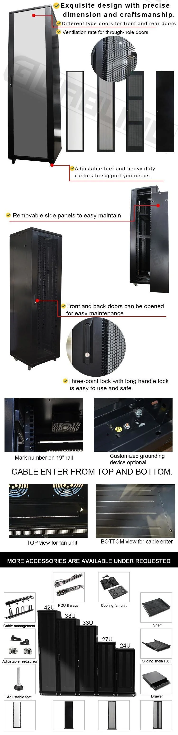 Gcabling Data Szies Floor Standing 19 Inch 24u 29u 33u 38u 42u Lockable Network Center Server Rack Cabinet