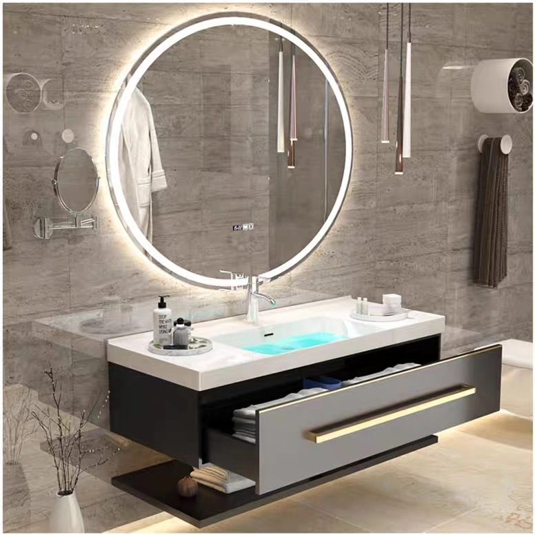 Newest Design Seamless Joint Resin Stone Basin for Bathroom Cabinet Vanity with LED Mirror