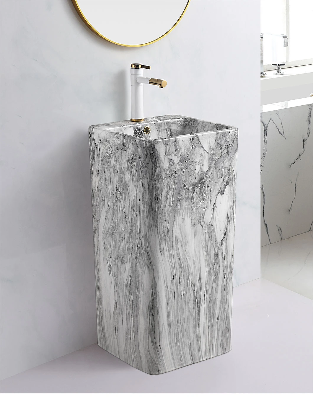 Luxury Marble Colored Pedestal Ceramic Sink Square Shape Modern Stand Single One Piece Bathroom Pedestal Basin