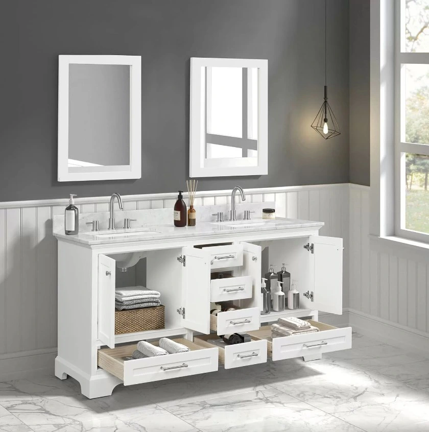 Wholesale Modern Style Double Sinks Free-Standing Bathroom Vanity Cabinet Unites Makeup Mirror with Ceramics Top and LED Mirror Furniture