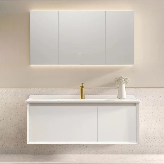 Mueble de tocador de baño de roble blanco para colgar en la pared con borde único de 45 grados, 60 cm