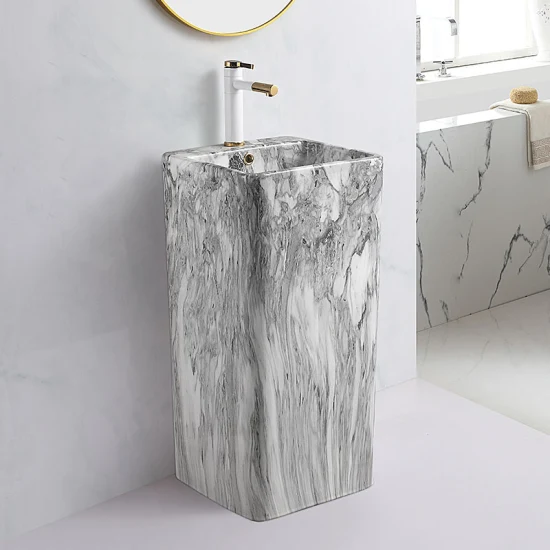 Fregadero de cerámica con pedestal de color mármol de lujo Forma cuadrada Soporte moderno Lavabo de pedestal de baño de una sola pieza