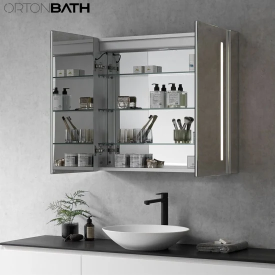 Ortonbath Mueble de baño con espejo LED, gabinete de baño negro con espejo, botiquín, botiquín para baño, atenuador, espejo de pared ajustable