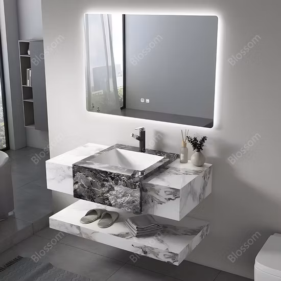 Venta al por mayor sobre el mostrador Hopspital baño colgado en la pared tocador dorado negro un fregadero Pedestal de piedra lavabo de superficie sólida