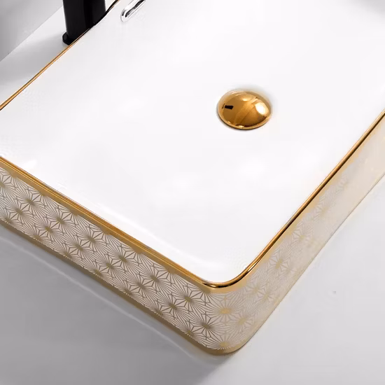 Lavabo rectangular dorado sobre encimera Lavabo de arte de galvanoplastia manual de cerámica
