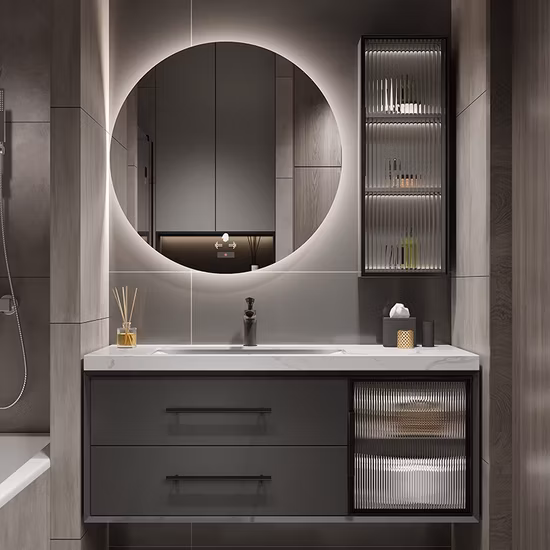 Gabinete de baño de PVC con tocador de baño montado en la pared con diseño de mejor precio y mejor venta con espejo LED y gabinete lateral
